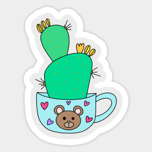 Cute Cactus Design #137: Green Cactus With Yellow Flowers In Cute Bear Mug Sticker